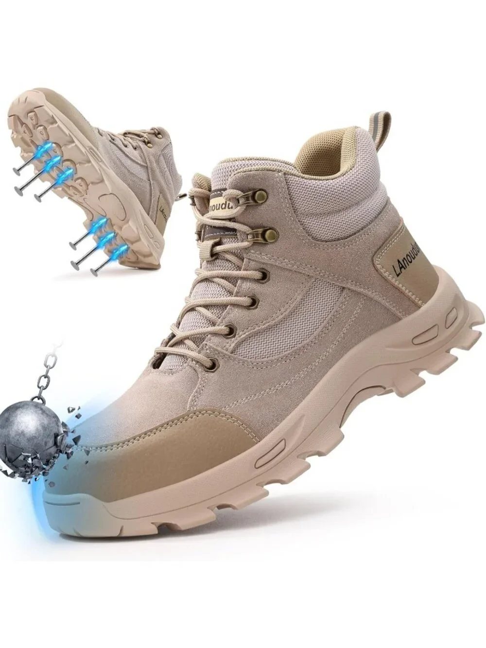 Men's Beige Splashproof Shoes Casual High Top Steel Toe Non Slip Hiking Boots